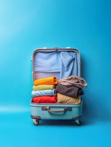 travel suitcase with clothes on blue background